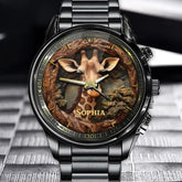 Elegant Safari Giraffe Watch - Personalized Name in the African Landscape